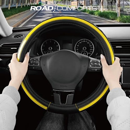 Road Comforts Leather Steering Wheel Cover – Black & Yellow, Universal Fit 14.5-15 Inch, Microfiber Leather, Anti-Slip & Breathable Design for Men and Women - color: Yellow