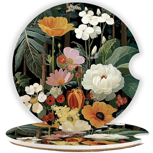 Car Cup Holder Coaster Set of 2, 2.56 in Ceramic Coasters, Scratch-Resistant Cork Backing, Finger Groove Design for Easy Placement, Cute Car Accessories Interior for Women (Black Flowers) - color: Black Flowers