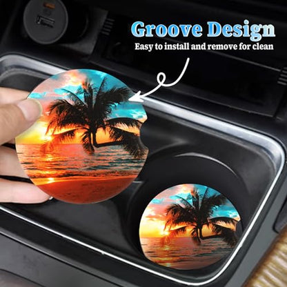 Jeffdad Car Cup Holder Coasters, 2 Pack Absorbent Ceramic Coaster 2.56" Universal Ceramic Stone & Non-Scratch Cork Base Coasters Auto Accessories for Women & Men(Ocean)