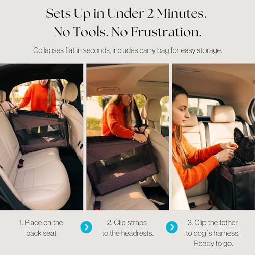Dog Car Seat for Small & Medium Dogs up to 35 lbs, Hard Bottom Pet Travel Seat with Safety Tether, Waterproof Oxford Fabric, Fits Cars, SUVs & Trucks (Brown)