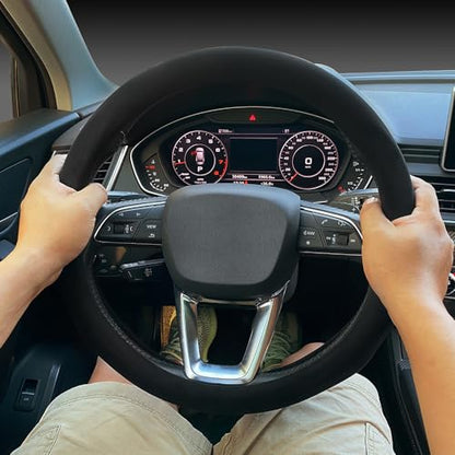 Carodi Suede Steering Wheel Cover ， Non-Slip Leather Car Interior Fitting 15-inch Universal - color: Black