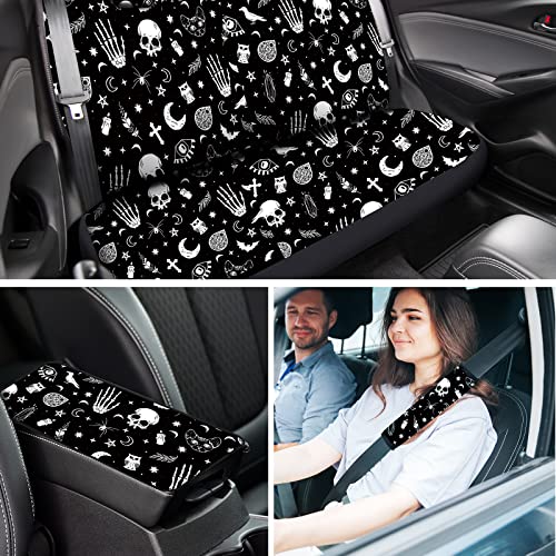 Tallew 26 Pieces Skeleton Cat Moon and Stars Car Seat Cover Full Set for Women Men Rubber Steering Wheel Cover License Plate Frame Mirror Covers Moon and Stars Car Accessories for SUV Truck(Skeleton)