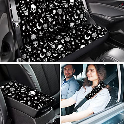 Tallew 26 Pieces Skeleton Cat Moon and Stars Car Seat Cover Full Set for Women Men Rubber Steering Wheel Cover License Plate Frame Mirror Covers Moon and Stars Car Accessories for SUV Truck(Skeleton)