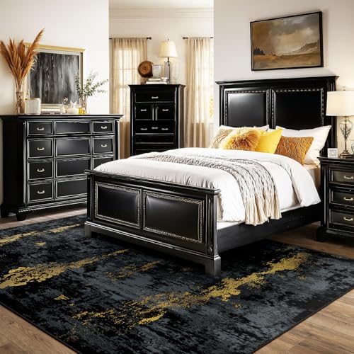 RELEANY Washable Area Rugs 8'x10' Non-Slip Modern Abstract Soft for Living Room Entryway Bedroom Nursery, Print Pattern, Dark Black Gold