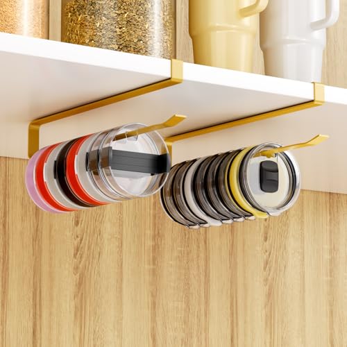 2 PCS Tumbler Lid Organizers, Ample Lid Capacity Up to 30 Lids, No Adhesive No Drill Yeti Lid Organizer Holder Inside Cabinet, Space-Saving Stanley Tumbler Cup Lid Holder Organizer for Kitchen (Gold) - color: Gold