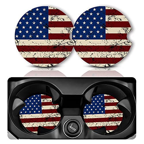Yonlevres Car Coasters for Cup Holders，2.75" Anti Slip Rubber Mat with A Finger Notch, 2 Pack Car Cup Holder Coasters for Car Interior Accessories for Women Men American Flag - color: American Flag