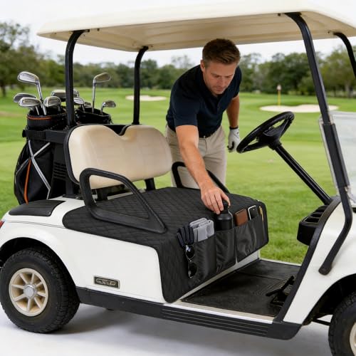 Golf Cart Seat Covers, Universal Golf Cart Seat Towel Blanket with 6 Front Pockets & Nonskid Bottom Fits for EZGO, Yamaha, Club Car and More 2 Person Seats Golf Carts, Black, 51.2 x 31.5 Inches