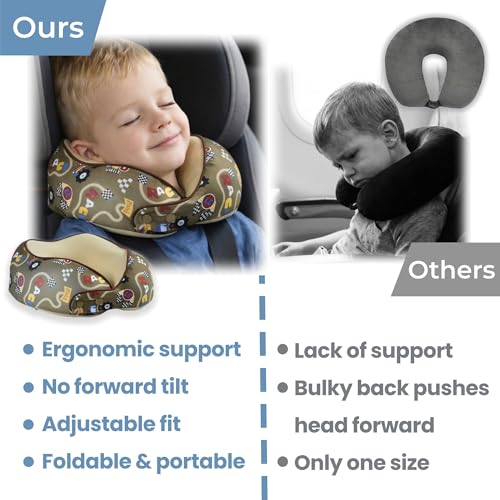 SKYTRAX® Certified Kids Safe Memory Foam Travel Neck Pillows for Kids and Toddlers, Cute Cartoon Design, Car Seat & Airplane Head Neck Support, Adjustable Snap Buttons, Washable Soft Cover (Racecar) - color: Racecar