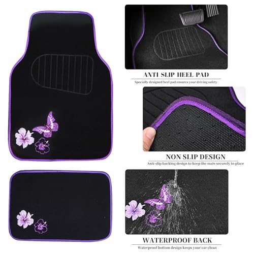CAR PASS Butterfly Steering Wheel Cover and Waterproof Car Floor Mats,Purple Car Mats 14.5-15inch Steering Wheel Covers Universal Fit for Suvs,Sedans Cars,for Women Girl(Black and Purple) - color: Black and Purple Butterfly