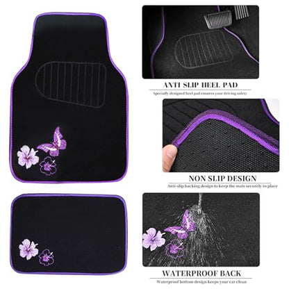 CAR PASS Butterfly Steering Wheel Cover and Waterproof Car Floor Mats,Purple Car Mats 14.5-15inch Steering Wheel Covers Universal Fit for Suvs,Sedans Cars,for Women Girl(Black and Purple) - color: Black and Purple Butterfly