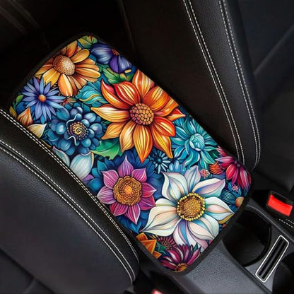 Bright Blossom Print Arm Rest Cover for Car,Auto Center Console Cover for Women,Soft and Non-Slip Car Armrest Cover Pad - color: Bright Blossom