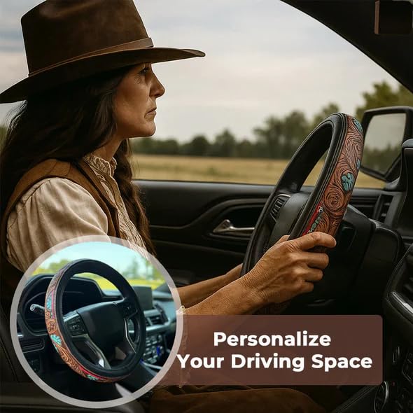 Western Steering Wheel Cover,Retro Western Cowboy Car Universal Steering Wheel Cover,Embossed Hand-Painted Leather Western Car Accessories, for Women Man, Anti-Slip Design Easy to Install (E) - color: E