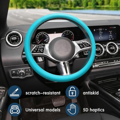 Car Steering Wheel Cover, 13 to 14.17 inches Non-Slip Silicone Steering Wheel Protector, Car Accessories Thin Soft Leather Texture Steering Wheel Protective Cover for Most Cars (Sky Blue) - color: Sky Blue