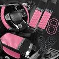 8PCS Car Accessories Set, Bling Leather Car Steering Wheel Cover with Armrest Pad, Seat Belt Cover Pads, Cup Holder Coasters, Gear Shift & Handbrake Covers, Auto Interior Accessories (Pink) - color: Pink