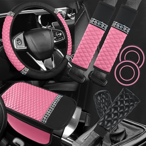 8PCS Car Accessories Set, Bling Leather Car Steering Wheel Cover with Armrest Pad, Seat Belt Cover Pads, Cup Holder Coasters, Gear Shift & Handbrake Covers, Auto Interior Accessories (Pink) - color: Pink
