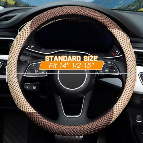 ZHOL Steering Wheel Cover Universal 15 inch Microfiber Breathable Ice Silk Steering Wheel Covers Anti-Slip Car Interior Accessories for Women Men, Warm in Winter and Cool in Summer, Beige&Brown - color: Brown Beige