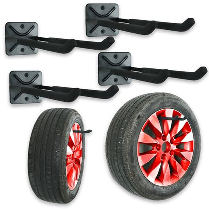 Heavy Duty Garage Tires Hooks Wall Mounted Hanger Tool Organizer Rack Hardware Steel Metal Multi-Tools Storage Utility Hooks with Screws and Anchors(4, Black)