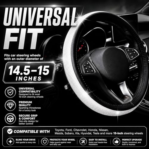 Bling Rhinestone Car Steering Wheel Cover for Women,PU Leather Crystal Diamonds Crown Steering Wheel Covers Non-Slip Universal 15"/38 cm (Black) - color: Black