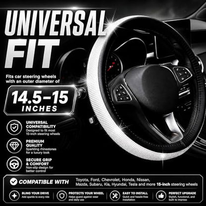 Bling Rhinestone Car Steering Wheel Cover for Women,PU Leather Crystal Diamonds Crown Steering Wheel Covers Non-Slip Universal 15"/38 cm (Black) - color: Black