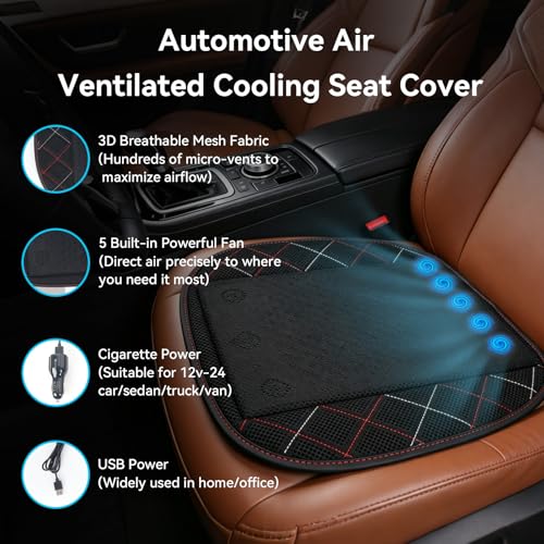 Cooling Car Seat Cover, Black Automotive Air Ventilated Cooling Seat Cover with 3 Adjustable Speeds for Summer Driving, Comfortable Cooling Car Seat Cushion for Car SUV Truck Van, Home & Office Chair