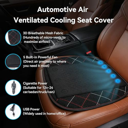 Cooling Car Seat Cover, Black Automotive Air Ventilated Cooling Seat Cover with 3 Adjustable Speeds for Summer Driving, Comfortable Cooling Car Seat Cushion for Car SUV Truck Van, Home & Office Chair