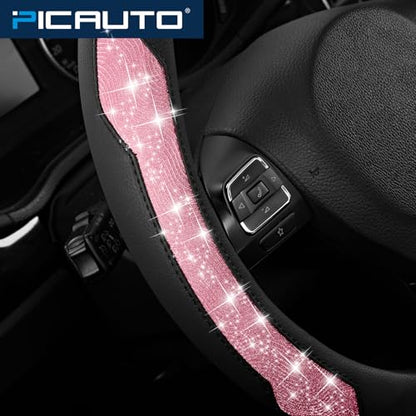 PIC AUTO Steering Wheel Cover, Hot Pink Sparkly Crystal Bling Glitter with Leather, Universal Fit 14.5"-15.5" Car Steering Wheels for Girls & Women, Anti-Slip Wheels Cover for Cars, Trucks, Van, SUVs - color: Hot Pink Glitter