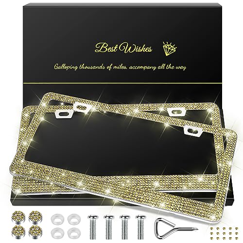 QUANQIUFEI 2 Pack Bling License Plate Frames for Women, Sparkly Rhinestone Diamond Car Accessories with Glitter Crystal Caps (Gold) - color: Gold