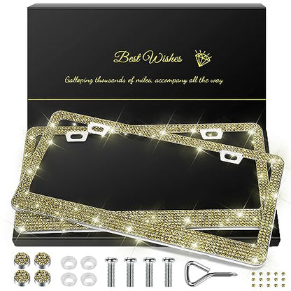 QUANQIUFEI 2 Pack Bling License Plate Frames for Women, Sparkly Rhinestone Diamond Car Accessories with Glitter Crystal Caps (Gold) - color: Gold