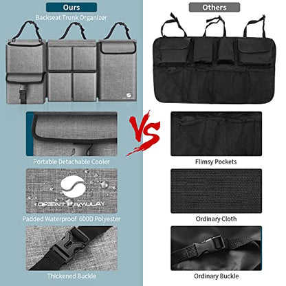 Car Trunk Organizer with Cooler, Hanging Organizers with Large Pockets, Zippers Detachable Seat Back Storage, Waterproof for Jeeps, SUVs, Grey