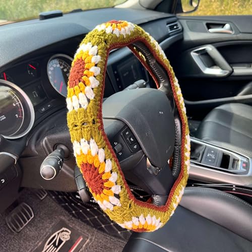 Crochet Steering Wheel Cover Set,Cute Steering Wheel Cover Boho 14-15 in,Handmade Sunflower Granny Square Decor for Women,Hippie Car Accessories for Vehicles (A Wheel Cover)