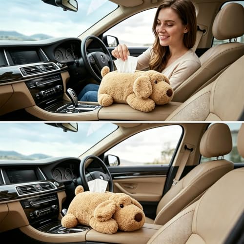 Puppy Plush Tissue Box Holder for Car Soft Stuffed Dog Paper Case Cute Animal Napkin Dispenser for Vehicle Home Office Decoration