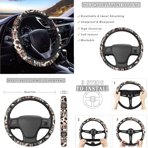 Wanyint Car Seat Cover Full Set with Steering Wheel Seat Belt Pads Coasters Waste Bin Armrest Pad Cup Holders Rearview Mirror Handbrake Cover Set Auto Decor, 14 PCS, Aztec Navajo Cow Print - color: Aztec Navajo Cow Print