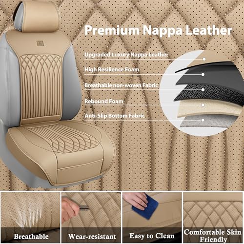 CAR PASS Car Seat Protector, 2 Pack Sideless Nappa Leather Seat Covers for Cars, All Season Waterproof Breathable Front Seats Cushion with Storage Pocket Universal Fit Vehicle Car SUV Truck, All Beige - color: Beige