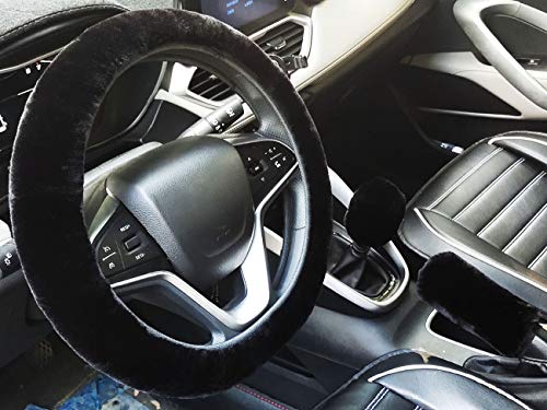 3Pcs/Set Fashion Faux Wool Fur Furry Steering Wheel Cover,Short Hair Soft Fluffy Handbrake Cover,Gear Shift Cover,Universal Thickening Fuzzy Warm Non-Slip Auto Interior (Manual,Black) - color: black, size: Manual