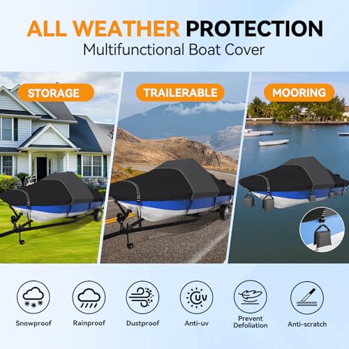 1600D+1200D Tearproof Center Console Boat Cover with 2" Wide Loops for Trailering&Mooring Durable Waterproof Fits Center Console Boat with Storage Bag (Black, 22' - 24' L, Beam Width UP to 108" W) - color: Black, size: 22' - 24' L, Beam Width UP to 108" W