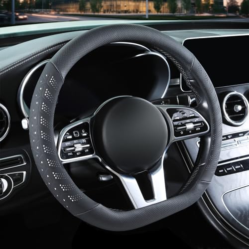 3D Premium Skin-Feel Leather D Shaped Car Steering Wheel Cover, Anti-Slip Breathable Soft Slim Design, Universal 15 inch, Black with White - color: Black with White, size: D Type-Medium[14.5''-15'']