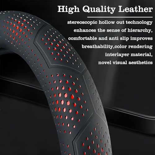 Car Leather Steering Wheel Cover - Panapi Material, Universal 14.5-15 Inch Leather Anti-Slip Breathable Auto Steering Wheel Covers for Men Women (Wave Point-Red) - color: Wave Point-Red