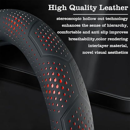 Car Leather Steering Wheel Cover - Panapi Material, Universal 14.5-15 Inch Leather Anti-Slip Breathable Auto Steering Wheel Covers for Men Women (Wave Point-Red) - color: Wave Point-Red