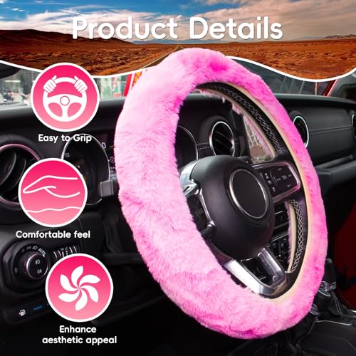KAFEEK Fluffy Steering Wheel Cover 15 inch, Soft Fuzzy Steering Wheel Cover for Winter Warm, Anti-Slip, Comforting and Luxurious, Pink
