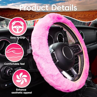 KAFEEK Fluffy Steering Wheel Cover 15 inch, Soft Fuzzy Steering Wheel Cover for Winter Warm, Anti-Slip, Comforting and Luxurious, Pink