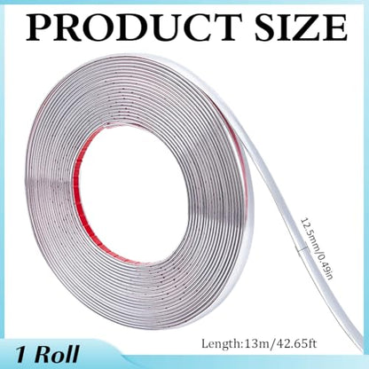 MAYJOYDIY 42.7Ft Automotive Chrome Trim Molding Universal Car Side Molding UV Protected Decorative Scratch-Proof for All Vehicles Body Door Window Bumper Self Adhesive, 1/2"(1.25mm) - size: 0.5"