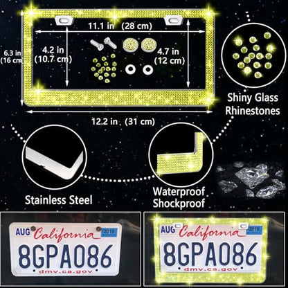 NBTEPEM 27 PCs Yellow Bling Car Accessories Set for Women, Steering Wheel Covers Universal Fit 15 Inch, Bling License Plate Frame, Bling Phone Holder, Bling Car Coasters (Yellow Diamond) - color: Yellow Diamond