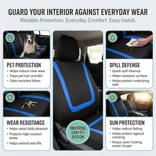 FH Group Car Seat Covers Unique Flat Cloth Full Set Automotive Seat Covers Front Set and Rear Solid Bench Blue Black Seat Covers w. Gift Universal Fit Interior Accessories for Cars Trucks and SUVs - color: Blue