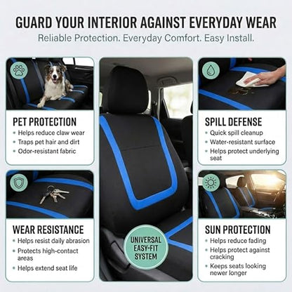 FH Group Car Seat Covers Unique Flat Cloth Full Set Automotive Seat Covers Front Set and Rear Solid Bench Blue Black Seat Covers w. Gift Universal Fit Interior Accessories for Cars Trucks and SUVs - color: Blue