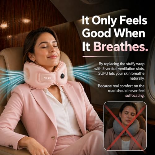 SUFU Ultra-Light Travel Neck Pillow - 68g Lighter Than Phone, 360° Neck Support, Adjustable Softness, 2-in-1 Inflation & Storage, Ideal for Airplane/Business Travel,Pink