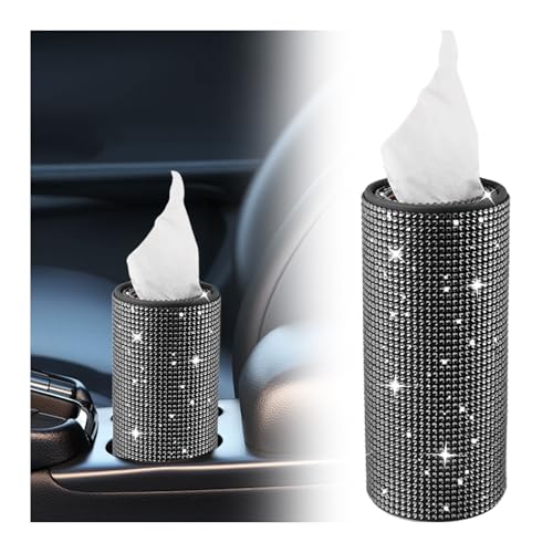 Bling Car Tissue Holder for Cup Holder,Rhinestone Travel Car Tissue Box(30 Tissues/3-ply),Universal Cylinder Tissues Dispenser for Cars Interior Decor as Gift for Women (Black) - color: Black