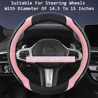Bling Leather Steering Wheel Cover, Diamond Crystal Rhinestones Sparkly Steering Wheel Protector for Women Girls Soft Breathable Non-Slip Universal Fit 15" Car Accessories - Pink - color: Pink