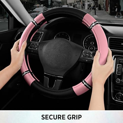 Road Comfort Leather Steering Wheel Cover – Premium Anti-Slip Car Steering Wheel Grip Cover – Universal Fit for 14.5”–15” Cars, Trucks & SUVs - Pink - color: Pink