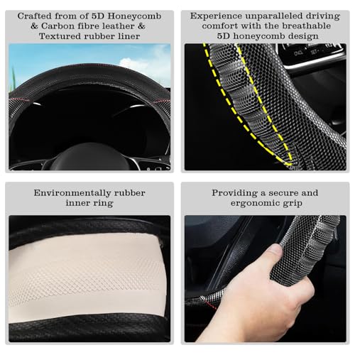 5D Honeycomb Black Car Steering Wheel Cover,14.5-15 Inch Universal Carbon Fibre Leather Covers Breathable Anti-Slip Odorless Steering Wheels Accessories for Men Women - color: 5D Honeycomb - Black