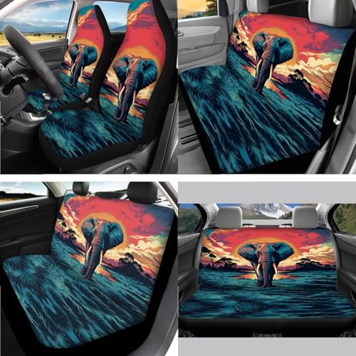 Elephant Sunset Print 15 Pcs Car Interior Covers Set, Car Seat Cover with Seat Belt Covers Car Headrest Cover Steering Wheel Cover Car Coaster - color: Elephant Sunset Print